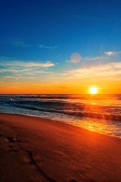 大海美丽的海滩在蓝天下日出海滩海滨天空
