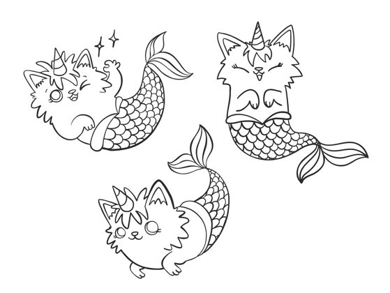 问候一套手绘的墨卡蒂科恩 可爱的卡通美人鱼猫与独角兽角在不同的姿势卡片爪子动物