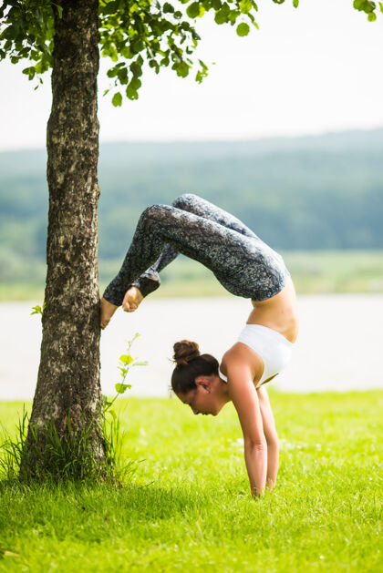 树木年轻健康的女人在湖边和树边的公园里做瑜伽放松人度假村