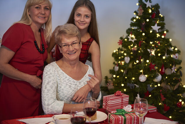 圣诞三个女人在圣诞树旁边客厅圣诞灯肖像