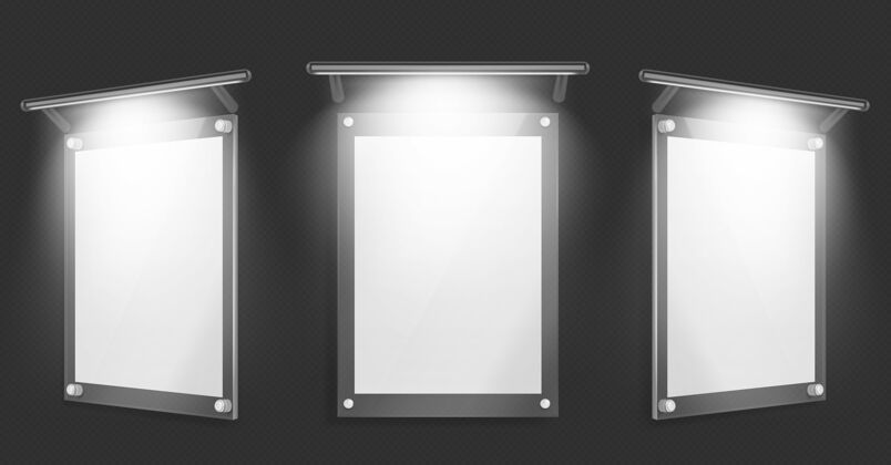 显示亚克力海报 空白玻璃框架与照明挂在墙上孤立的黑色背景亚克力箱辉光