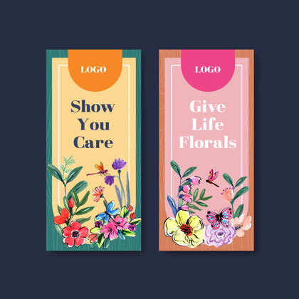 植物传单模板与毛笔花卉概念设计的宣传册和传单水彩模板邀请背景