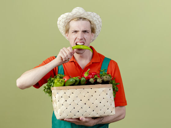 绿色年轻的园丁穿着连体衣 戴着帽子 手里拿着装满蔬菜的箱子 咬着青辣椒 站在明亮的背景下咬穿着辣椒