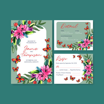 卡片婚礼卡片模板与毛笔花卉概念设计的邀请和结婚水彩画背景夏天谢谢