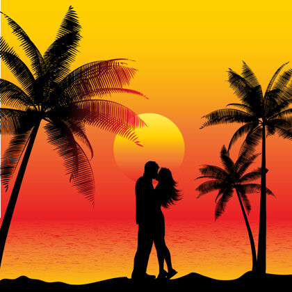 浪漫日落时分一对情侣在海滩上接吻的剪影热带海滩男人