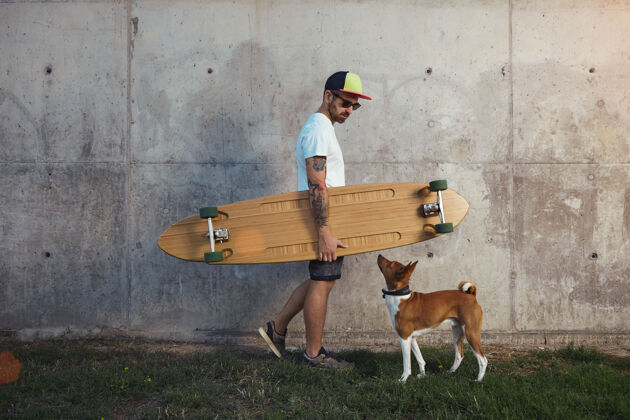 长板嬉皮士长板和一个年轻的棕色和白色的basenji狗看着对方旁边的灰色水泥墙木材铅溜冰