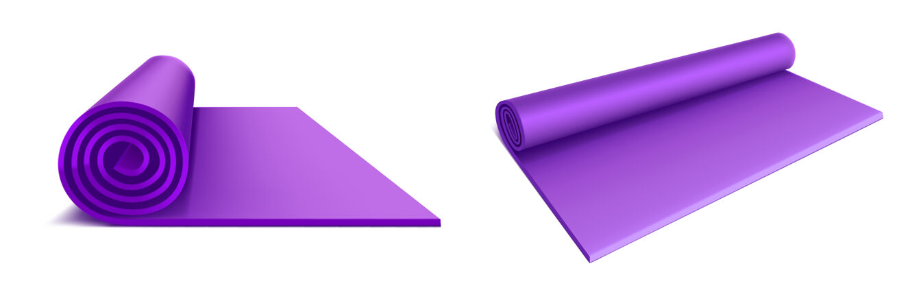 健身瑜伽垫俯视图和侧视图 紫色滚动床垫用于健身运动 拉伸 冥想 地面运动锻炼 平板有氧运动地毯器械垫子运动
