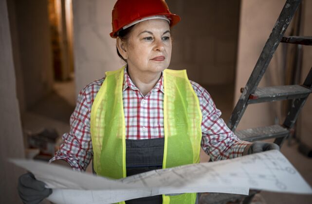 职业带蓝图的女建筑工人正面图女性工人技能