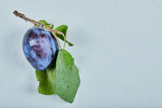 视图新鲜的李子 叶子是蓝色的成熟的收获美味