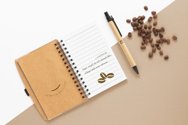 实体模型平铺笔记本和咖啡豆品牌上图分类