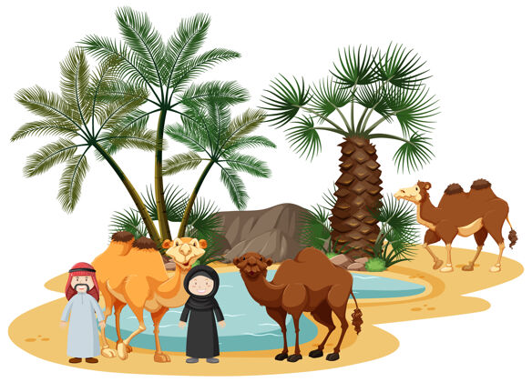 剪贴画沙漠绿洲与骆驼和自然元素棕榈剪贴画绿洲