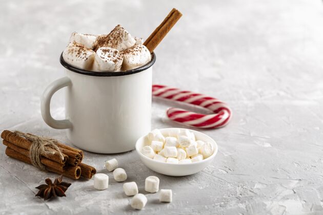 温暖的热巧克力概念正面图传统的景色棉花糖
