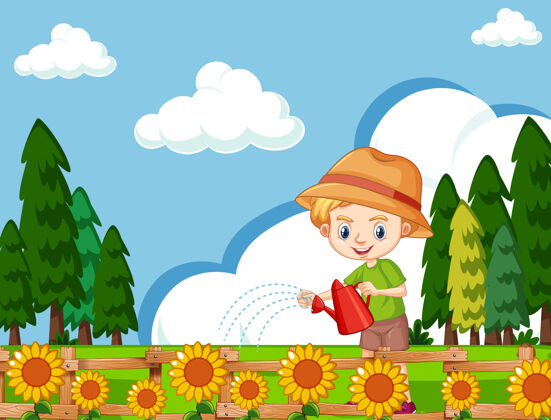 人可爱男孩在花园里给向日葵浇水的场景插图户外水壶