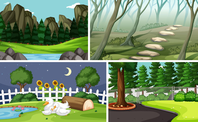 水四个不同的场景在自然设置卡通风格户外乡村系列