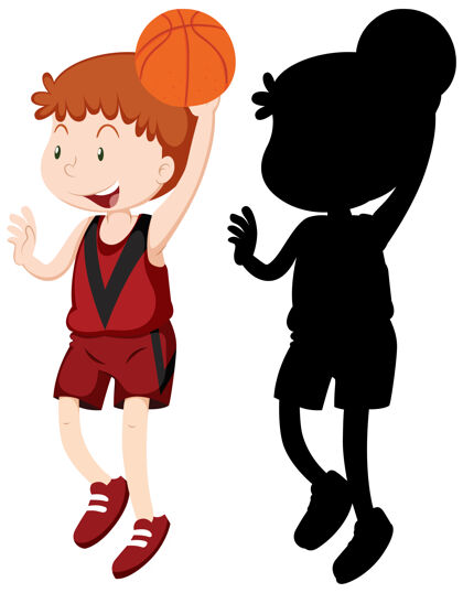 卡通男孩打篮球的颜色和轮廓儿童篮球人物