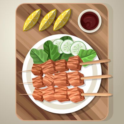 营养手绘沙爹插图菜肴亚洲食物
