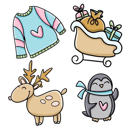 毛衣圣诞和冬季套装：驯鹿 毛衣 企鹅 还有带礼物的雪橇鹿雪橇套装