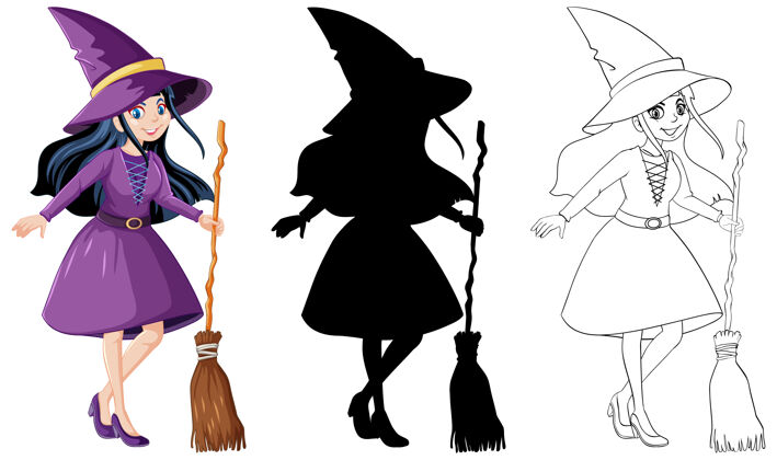 乐器巫婆用扫帚在颜色和轮廓和轮廓卡通人物隔离在白色背景上黑暗固体卡通