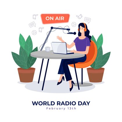 复古平面手绘背景世界广播日与女人媒体收音机绘制