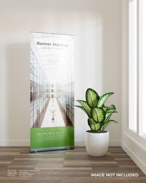 展台卷起横幅模型与植物旁边的窗户展览滚动营销