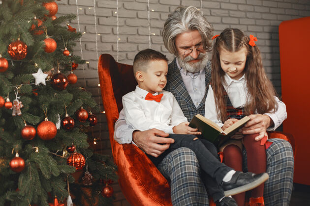 节日爷爷戴着眼镜 看书给小孙女双胞胎在房间里布置圣诞概念对比摄影童年传统祖父母