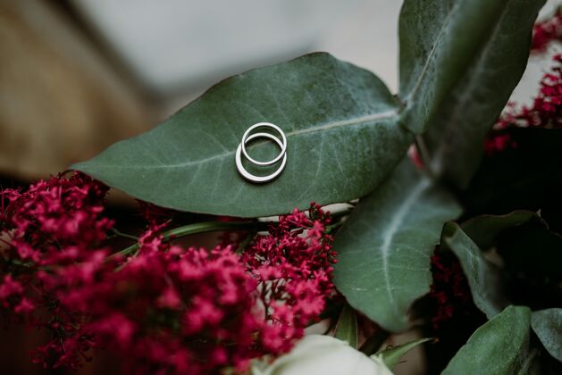鲜花珍贵美丽的订婚银戒指戴在一片叶子上闪亮浪漫银戒指