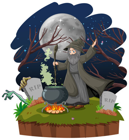 童话巫师或女巫与魔法壶和坟墓卡通风格隔离在白色背景上巫师乐器魔术师