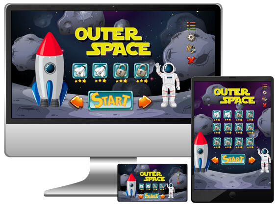 插图不同电子屏幕上的太空任务游戏快乐播音员孩子