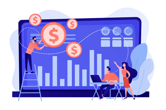 蓝色微小的商业人士和分析师将数据转化为货币数据货币化 数据服务货币化 数据分析概念销售人物数据销售