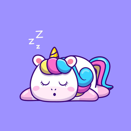 累了可爱的独角兽睡觉卡通动物自然图标概念隔离平面卡通风格睡着了睡觉角
