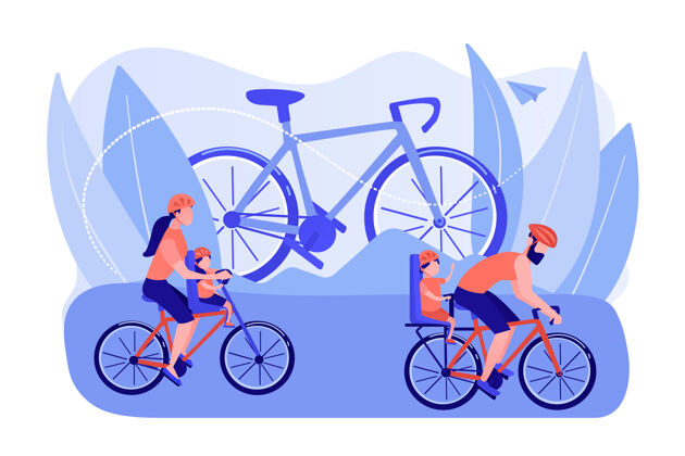 交通健康的生活方式 父母和孩子一起做运动骑自行车的经验 家庭自行车散步 最好的自行车道 现代自行车齿轮概念粉红珊瑚蓝矢量独立插图性格光明家庭