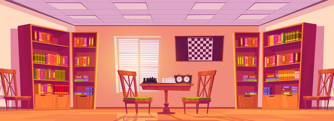 棋子象棋俱乐部内部有棋盘 棋子和钟 桌子 椅子和书柜上有书平面象棋空