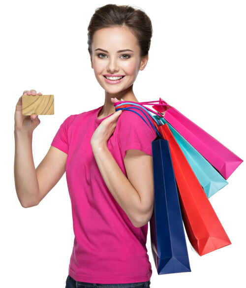 信用有购物袋和信用卡的快乐女人购物狂购买购买