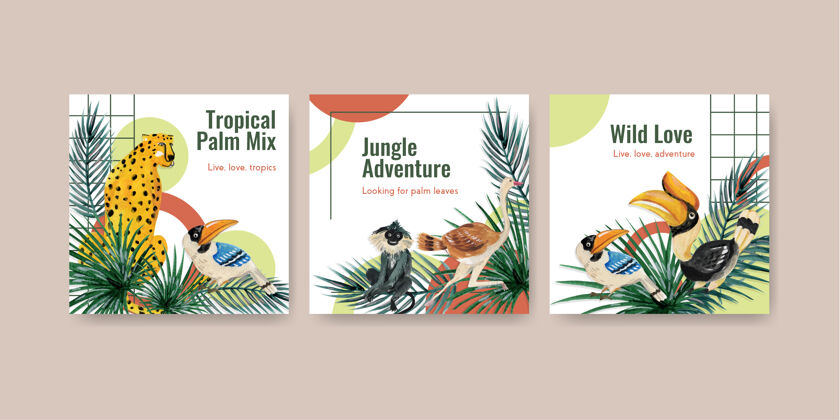 花卉广告模板与热带当代概念设计的营销水彩插图广告森林水彩