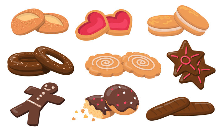 组五颜六色的饼干和饼干平面元素集卡通新鲜圆甜可口的饼干甜点孤立矢量插图收集糕点和糖果的概念糖超重扁平