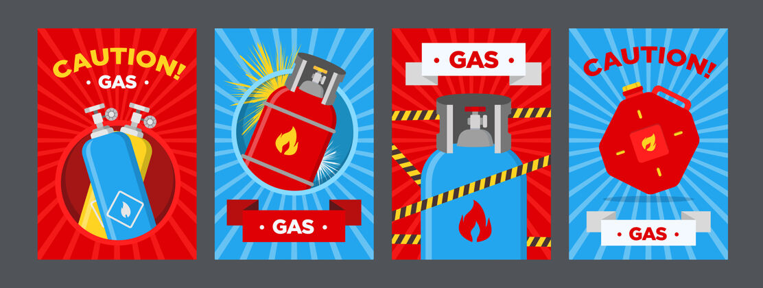 设置加油站警告海报集罐和气球与易燃标志矢量插图红色或蓝色背景模板加油站横幅和警告标志压力警告文字