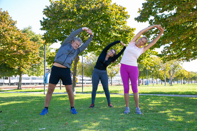 年龄活跃的运动型成熟人士在公园做早操 站在草地上弯腰退休或积极的生活方式的概念户外弯腰站立