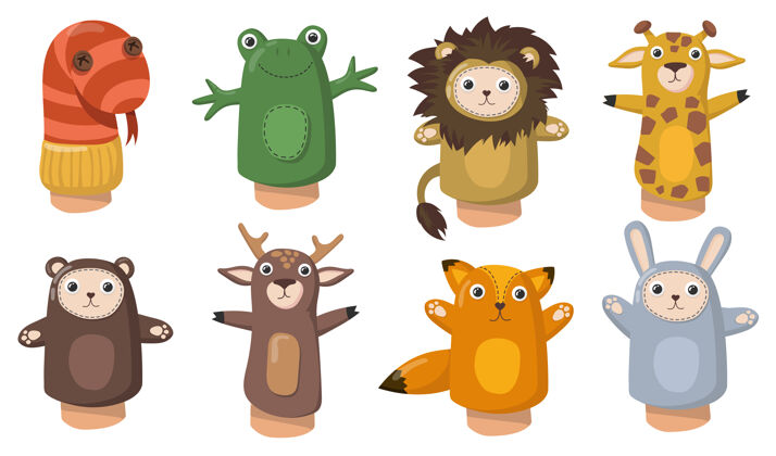 娱乐有趣的动物手木偶平面设置网页设计卡通玩具从袜子为儿童隔离矢量插图收集显示和家庭影院的概念玩偶演员游戏