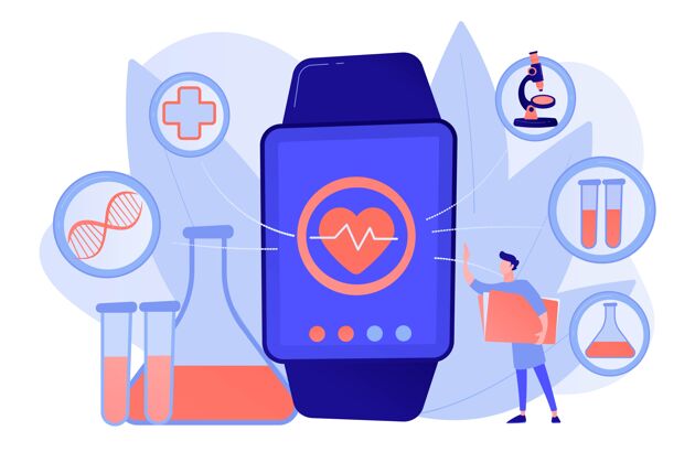 医生医生和smartwatch与心脏和医疗图标smartwatch健康跟踪和健康监测 活动跟踪概念粉珊瑚蓝向量独立插图显微镜卡通显示器