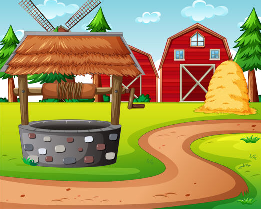 颜色有红色谷仓和风车的农场场景景观插图农场