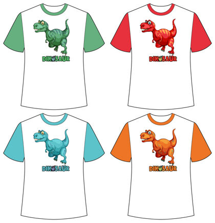 恐龙t恤上有一套不同颜色的恐龙屏风动物套装服装