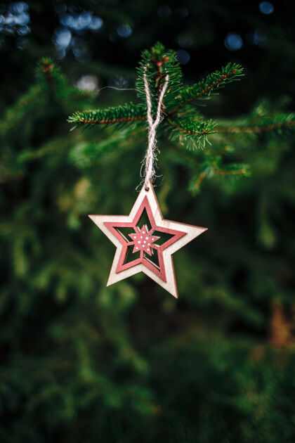 星星垂直拍摄的木制星形圣诞饰品挂在松树上庆祝圣诞节盒子