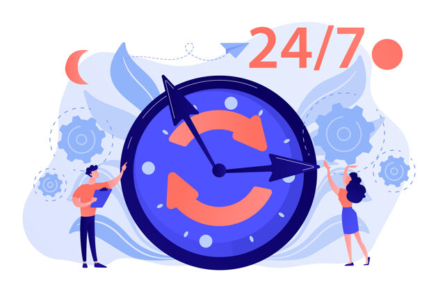 可用商人和妇女近巨大的时钟与圆箭头工作247.247服务 营业时间表 延长工作时间的概念说明服务时间生动