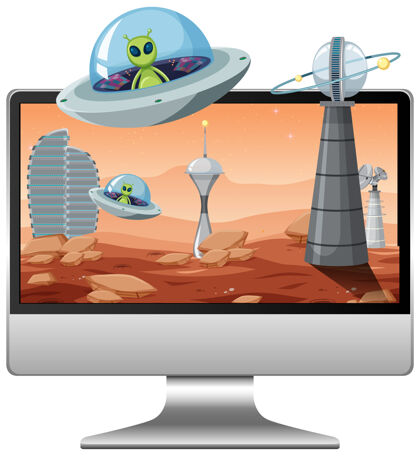 外星人电脑屏幕上的外星星系背景行星外太空外太空
