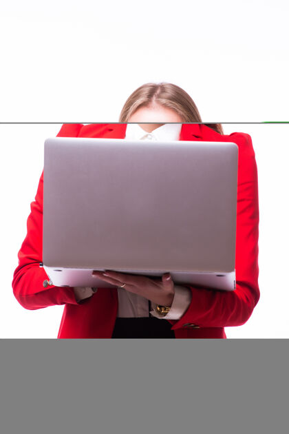 成功成功的女商人拿着一台笔记本电脑-隔着白色社交成功女人