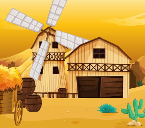 建筑农场的自然风光与谷仓和风车卡通摊位谷仓