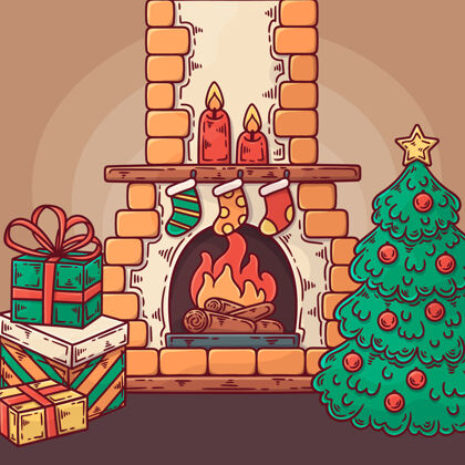 季节手绘圣诞壁炉场景十二月壁炉文化