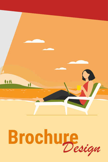 床坐在湖边沙滩椅上的女人喝咖啡 使用平板电脑 户外工作自由职业者 沟通理念自然平板电脑自由职业者