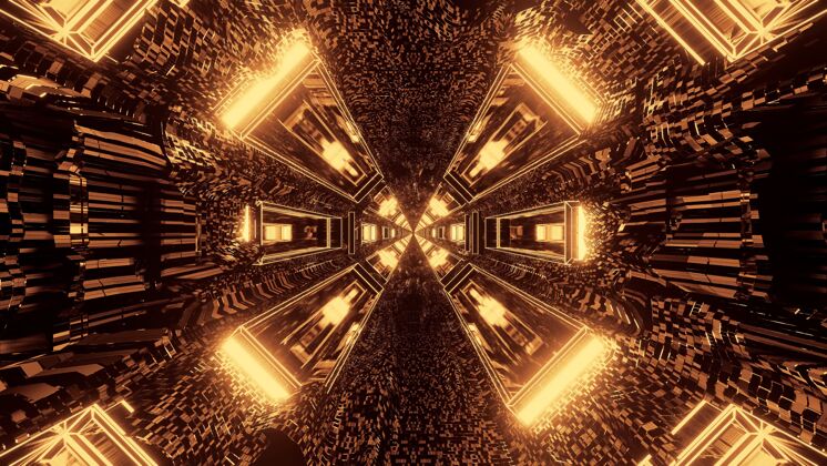 像素化未来科幻圆形像素隧道走廊与棕色和金色灯光未来光方式
