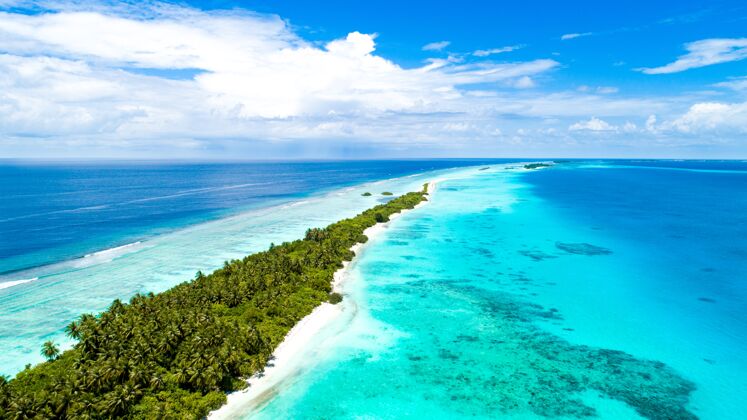 岩石空中拍摄的一个狭窄的岛屿覆盖在马尔代夫中部的热带树木云户外海岸